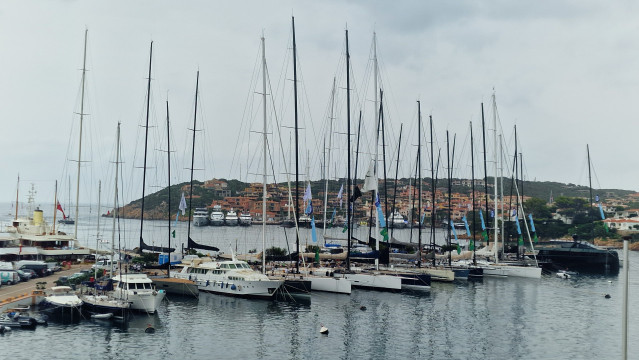 The largest maxis on the outer dock in Porto Cervo, awaiting the Maxi Yacht Rolex Cup start. Photo: James Boyd / IMA