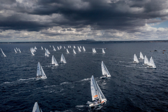 Aerial picture of the J/70 fleet sailing on the Bay of Palma today © SailingShots by María Muiña