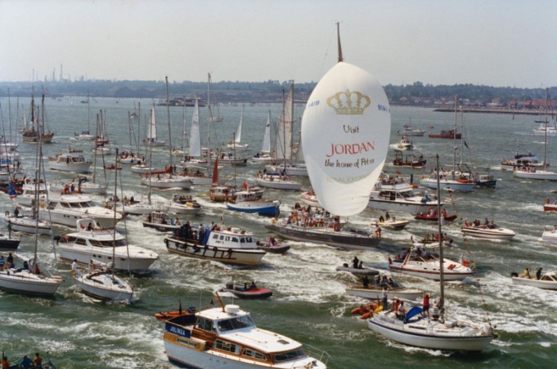 28th May 1990 – Maiden crossing the Whitbread finish line, surrounded by supporters. Image: Andrew Sassoli-Walker