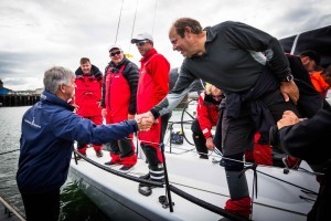 RORC CEO Eddie Warden Owen congratulates Ron O'Hanley and team on Privateer in the 2017 race 
© ELWJ Photography