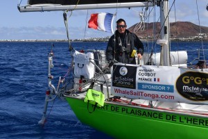 Antoine Cousot arriving in Marina Rubicon to effect repairs to his wind vane self steering. He is the first to be relegated to the Chichester Class.
