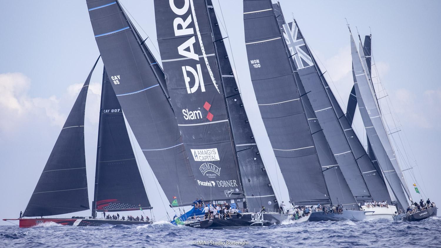 Comanche's bails from the Maxi class start, unable to make the pin with Rambler 88. Photo: IMA / Studio Borlenghi