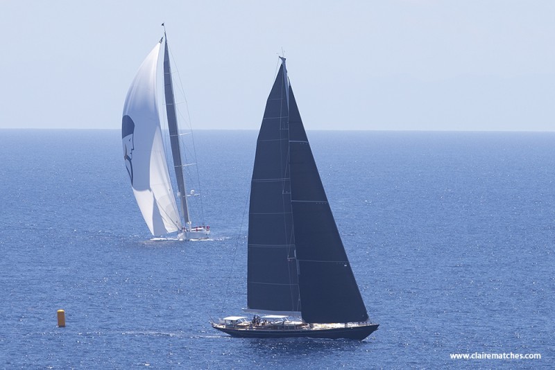 The 121ft Dykstra sloop Action ahead of the 148ft Dubois sloop Gitana. © Claire Matches