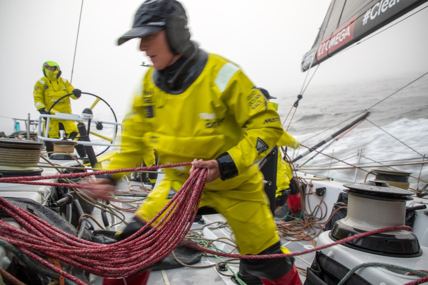 Leg 9, from Newport to Cardiff, day 1 on board Brunel. Abby Ehler in the fog.