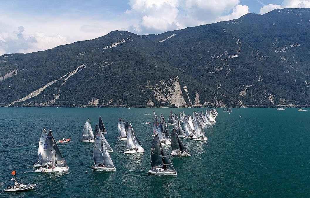 Melges 24 fleet on Lake Garda at the 2018 European Championship in August
