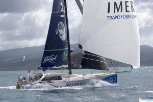 Phil Sharp approaching the finish line in Guadeloupe after 16 days, 13hours 1minute and 50 seconds at sea