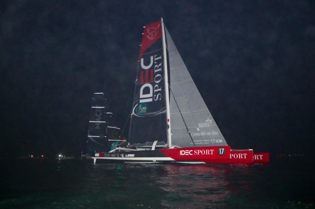 Just 0.1nm separated the two ULTIME boats, IDEC Sport and MACIF as they approached the finish line on Sunday evening. Image credit: Alexis Courcoux