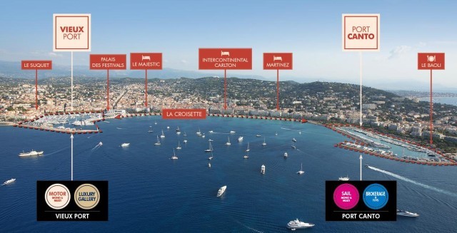 Vista aerea della nuova organizzazione del Cannes Yachting Festival