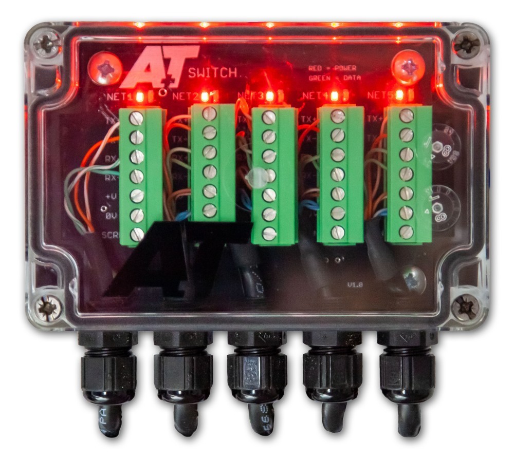 A+T makes two waterproof switches for Ethernet connections: a slimline model for mast brackets and a second transparent version for easier diagnostics