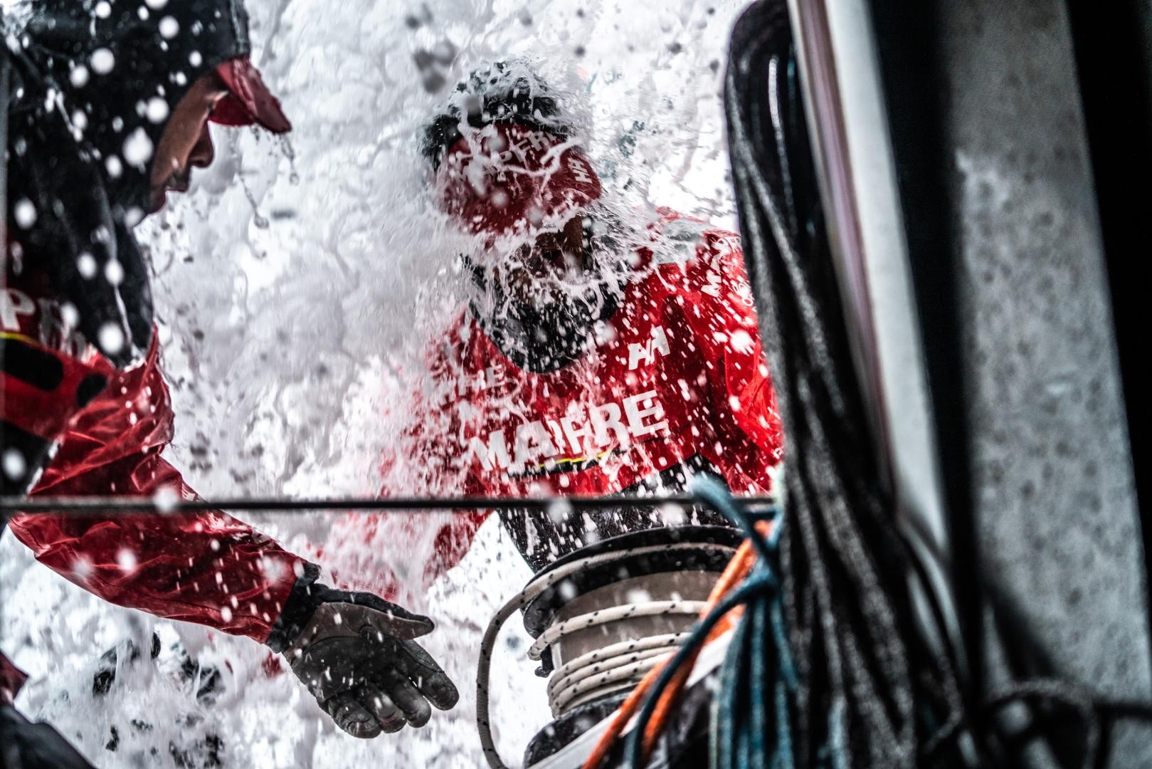 Leg 10, from Cardiff to Gothenburg, day 04 on board MAPFRE, Antonio Cuervas-Mons being smashed y the water