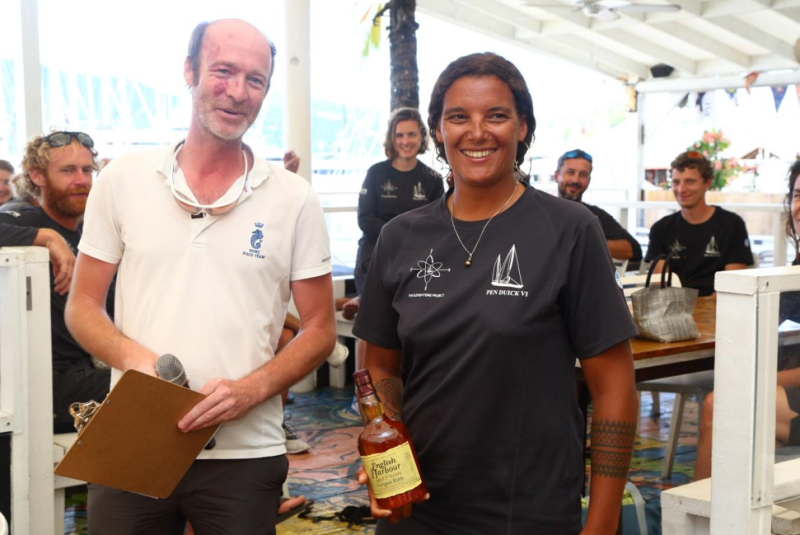 Marie Tabarly receiving a bottle of English Harbour Rum after the second day of racing © Tim Wright/Photoaction.com