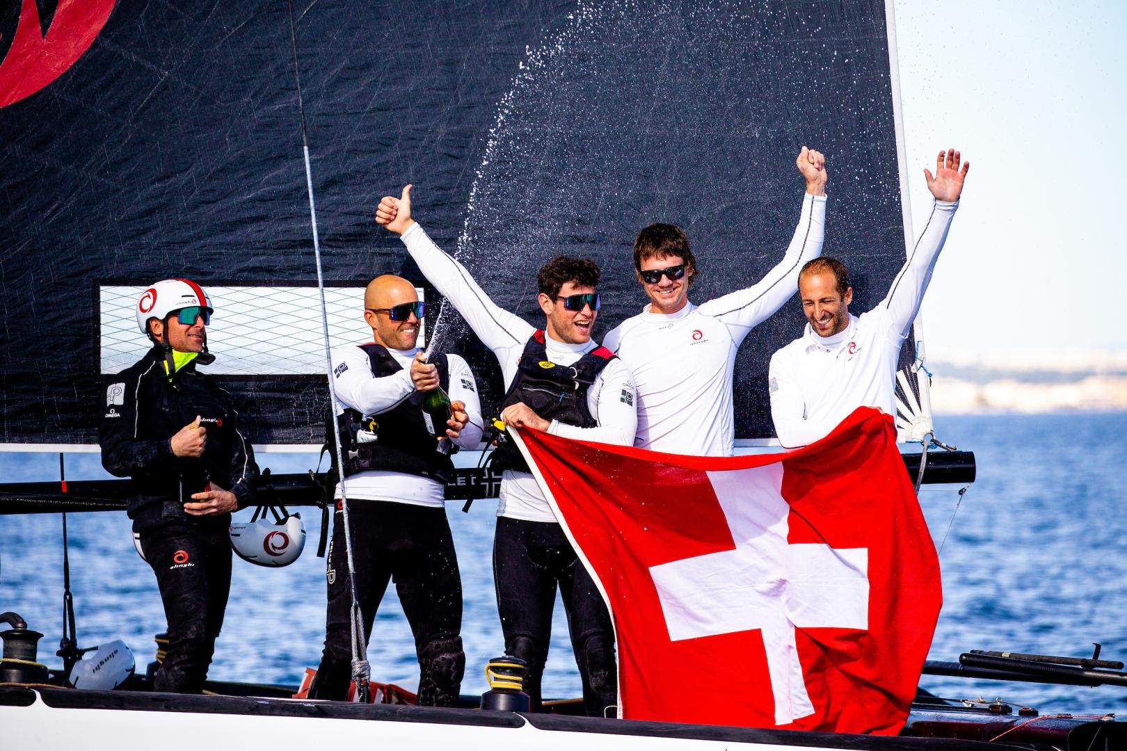 Alinghi - GC32 Racing Tour champions again - left to right: Nicolas Charbonnier, Yves Detrey, Timothe Lapauw, Bryan Mettraux and Arnaud Psarofaghis.
