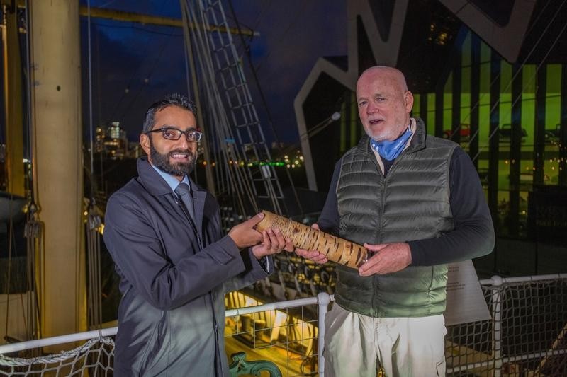 Race4Nature - Baton Relay - COP 26 UN Special Envoy for the Oceans, Peter Thomson, and Vel Gnanendran, Director for Climate and Environment, Foreign Commonwealth and Development Office, with the Relay4Nature Baton onboard the Tall Ship Glenlee
