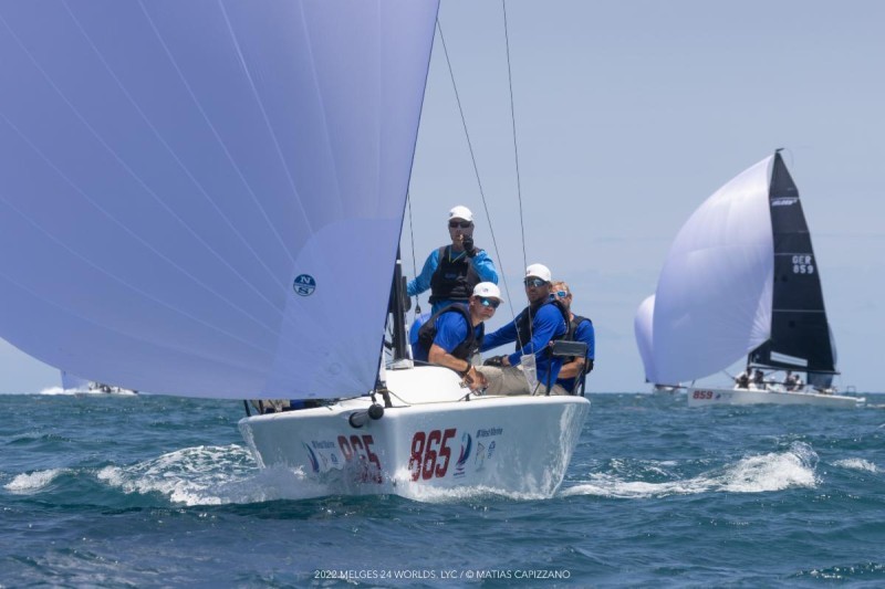 Pacific Yankee of Drew Freides with Federico Michetti, Morgan Reeser, Charlie Smythe and Irene Saderini posted a victory, a third and a tenth on day three at the Melges 24 Worlds 2022 © Matias Capizzano