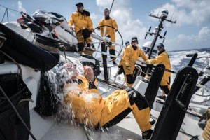 Leg 8 from Itajai to Newport, day 14 on board Turn the Tide on Plastic. 05 May, 2018. Annelise Murphy having slightly different hair wash. James Blake/Volvo Ocean Race
