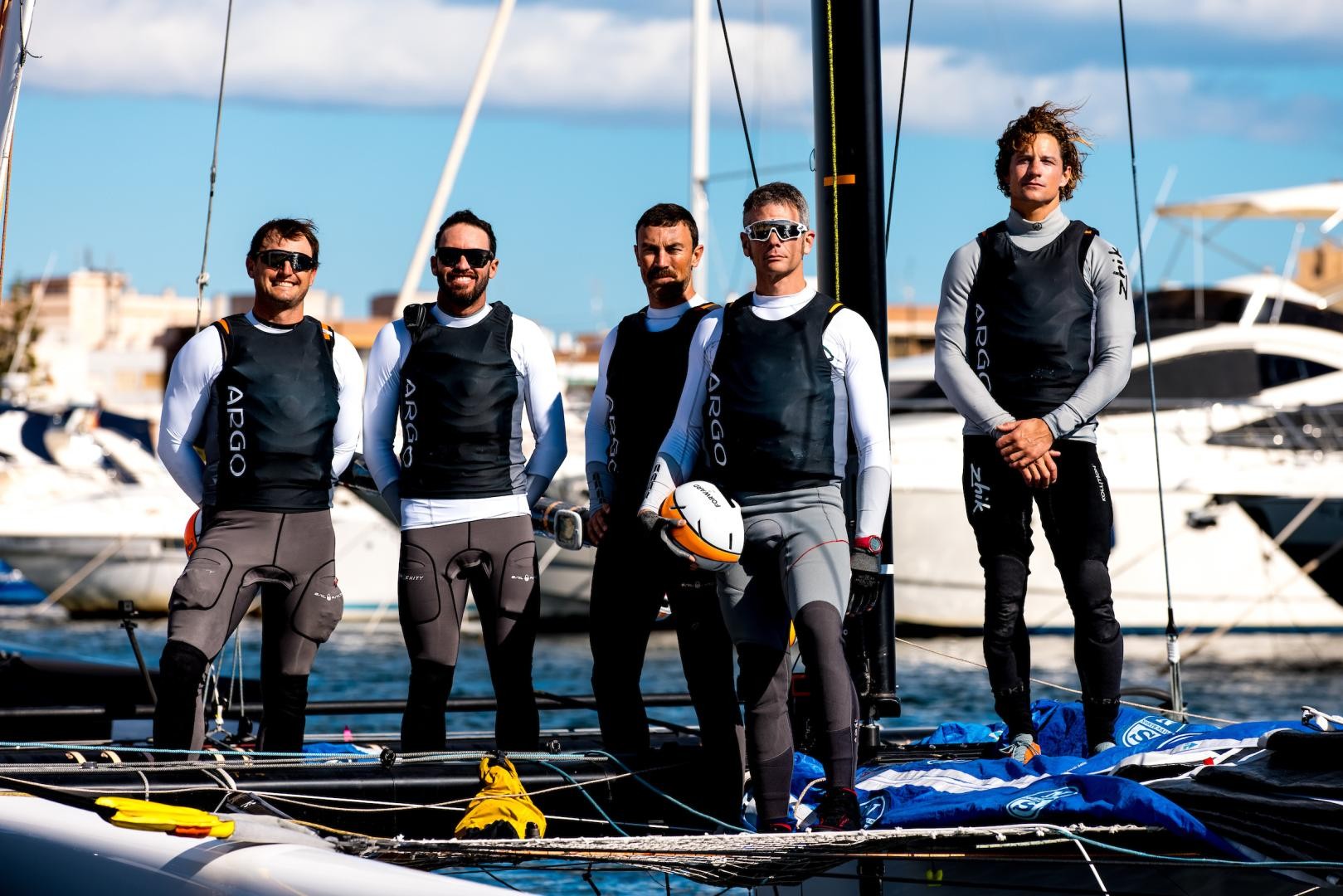 Argo's crew for the GC32 Mar Menor Cup (from left to right): Ted Hackney, Taylor Canfield, Kinley Fowler, Ben Bardwell, Ed Powys. Photo: Sailing Energy / GC32 Racing Tour