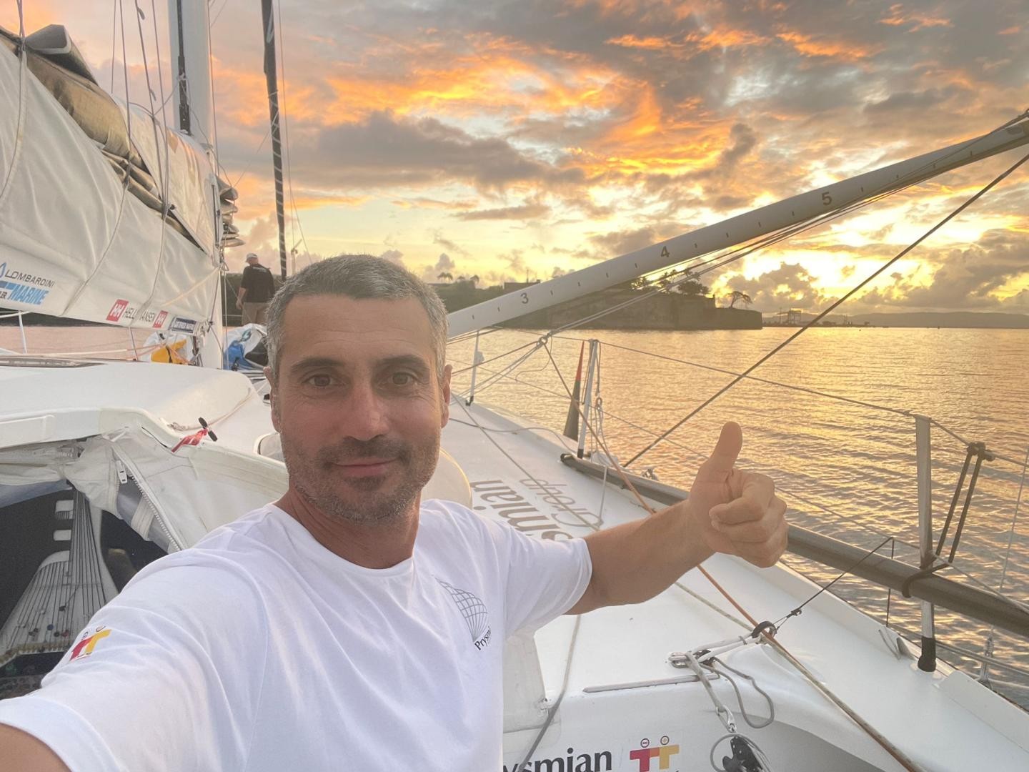 Giancarlo Pedote a bordo dell'IMOCA Prysmian Group la mattina dopo l'arrivo della Transat Jacques Vabre 2021, ion Martinica. Photo @Noesis