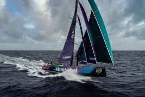 Leg 9, from Newport to Cardiff, day 3 on board Team AkzoNobel. Surfing the waves and flying along at 25 knots.