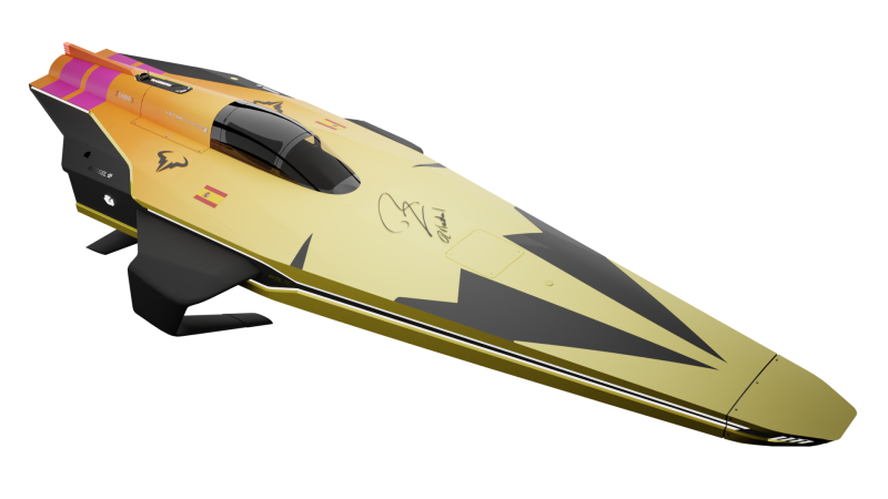 La barca a propulsione elettrica di E1 con la livrea ispirata ai colori della racchetta da tennis di Nadal 