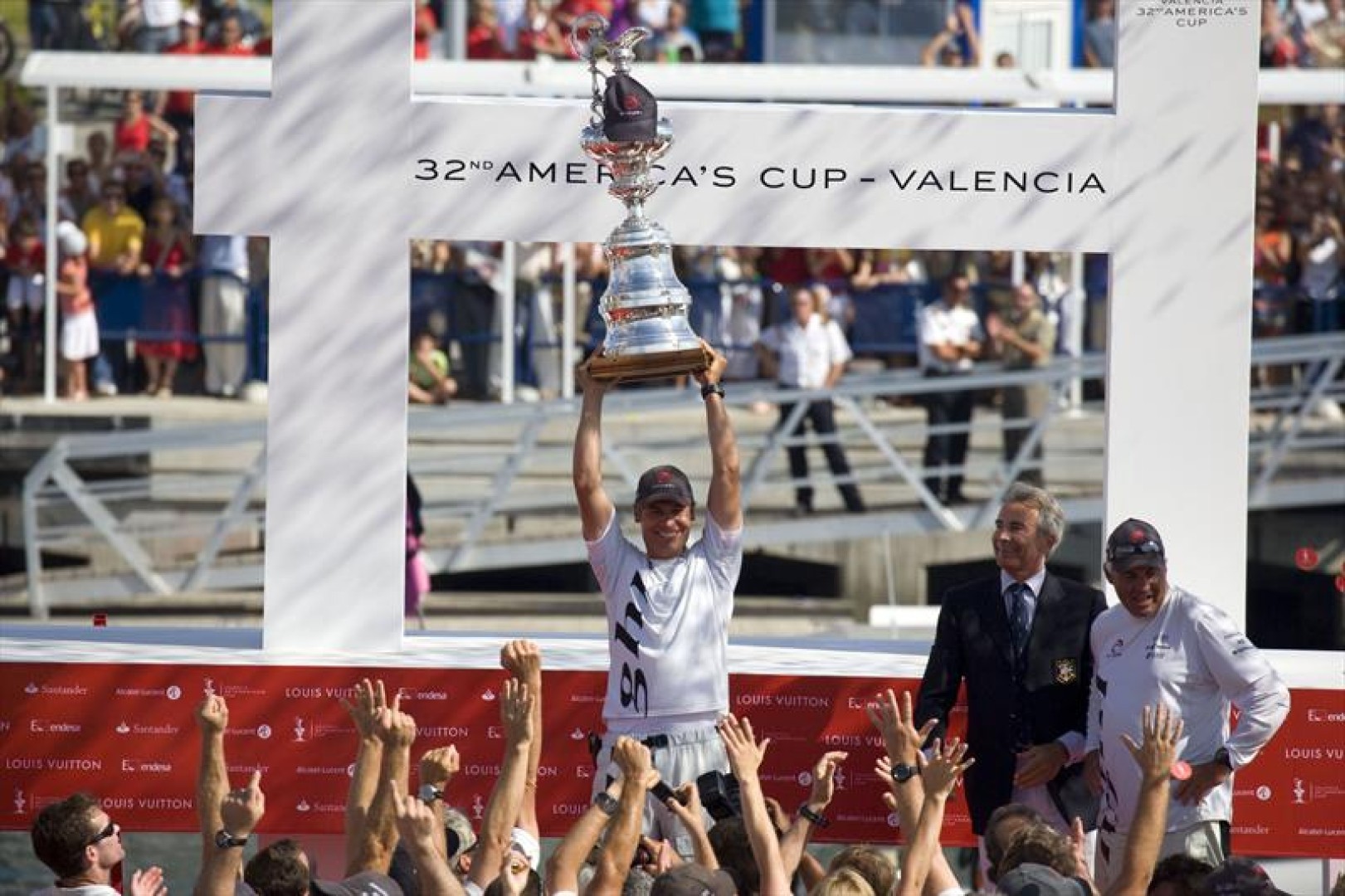 Ernesto Bertarelli holds the America's Cup aloft 32nd America's Cup Match by Louis Vuitton Prize Giving Ceremony © ACM 2007/Carlos Lujan