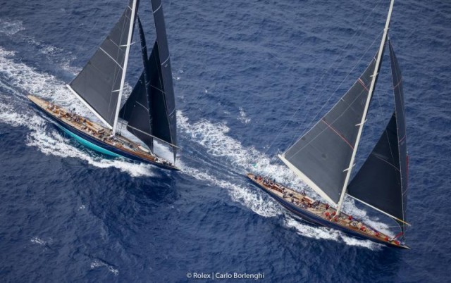 The two J Class yachts, Velsheda and Topaz, racing at the Maxi Yacht Rolex Cup 2021.