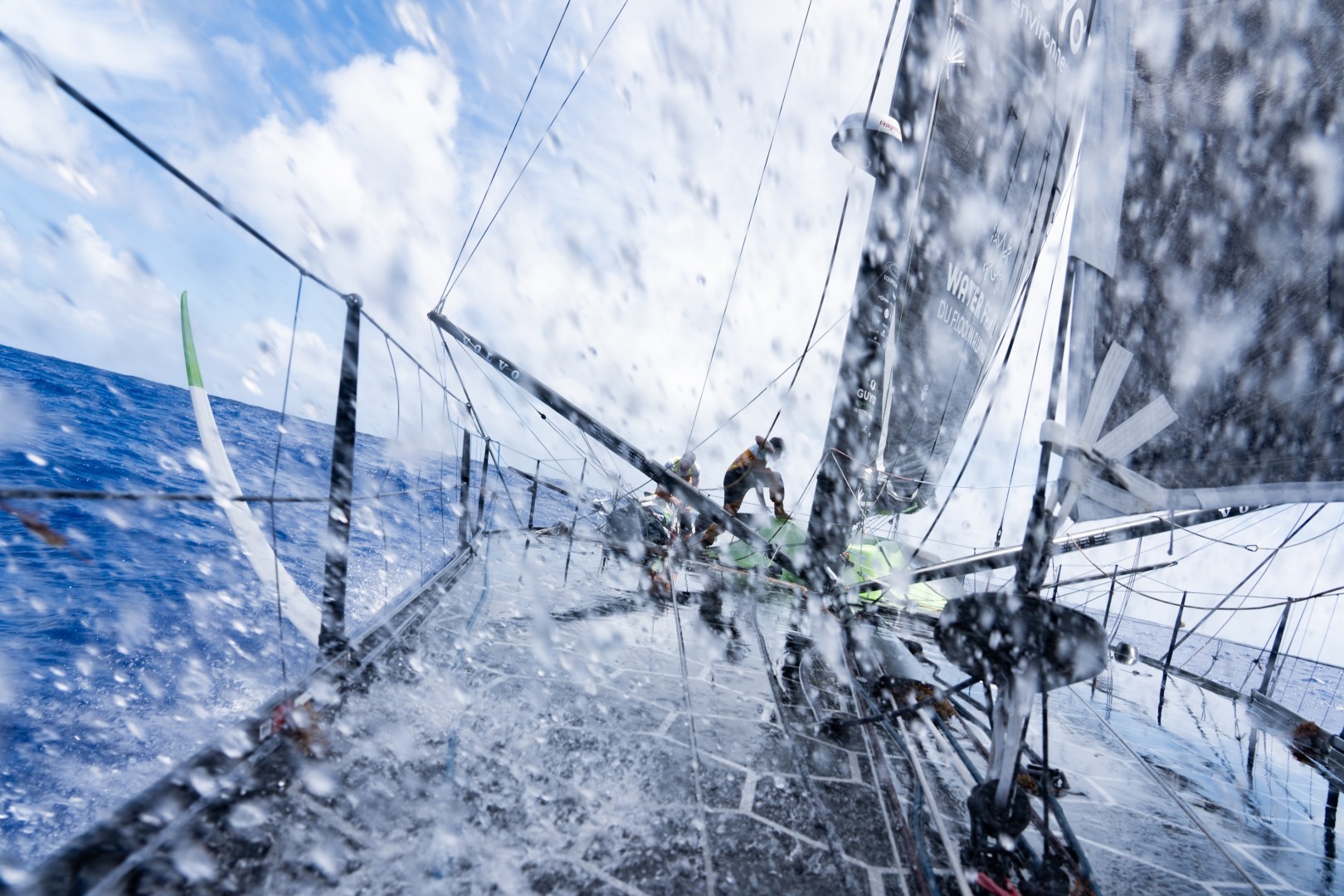 Leg 4 Day 12 onboard Guyot environnement - Team Europe. Waves cover the deck as we are sailing up North to Newport.
© Gauthier Lebec