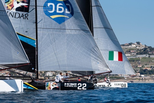 Light wind first race on the opening day of the M32 European Series' Sanremo Warm-up.