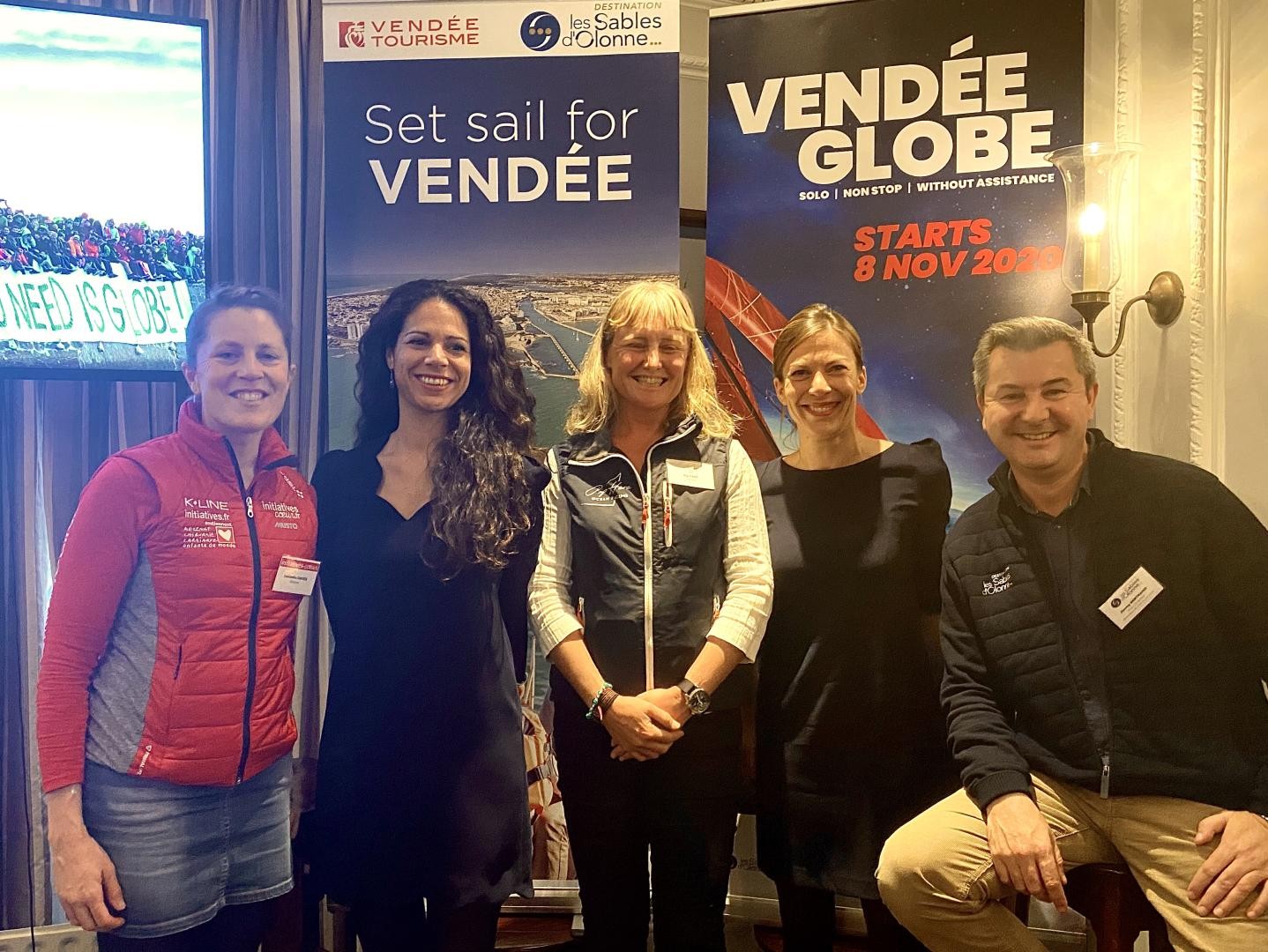 From left to right: Samantha Davies (skipper), Karen Alletru (Vendée Tourism Director), Pip Hare (skipper), Laura Le Goff (Vendée Globe MD), Jimmy Bertrand (Les Sables d'Olonne Tourism Vice Director)