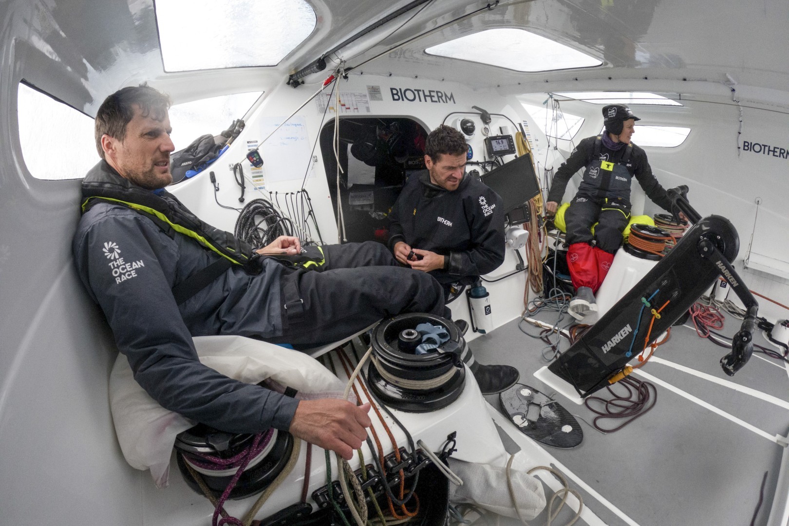 Leg 3, Day 11 onboard Biotherm crossing the Southern Ocean. Paul Meilhat, Anthony Marchand and Sam Davies in the cockpit.
© Ronan Gladu / Biotherm
