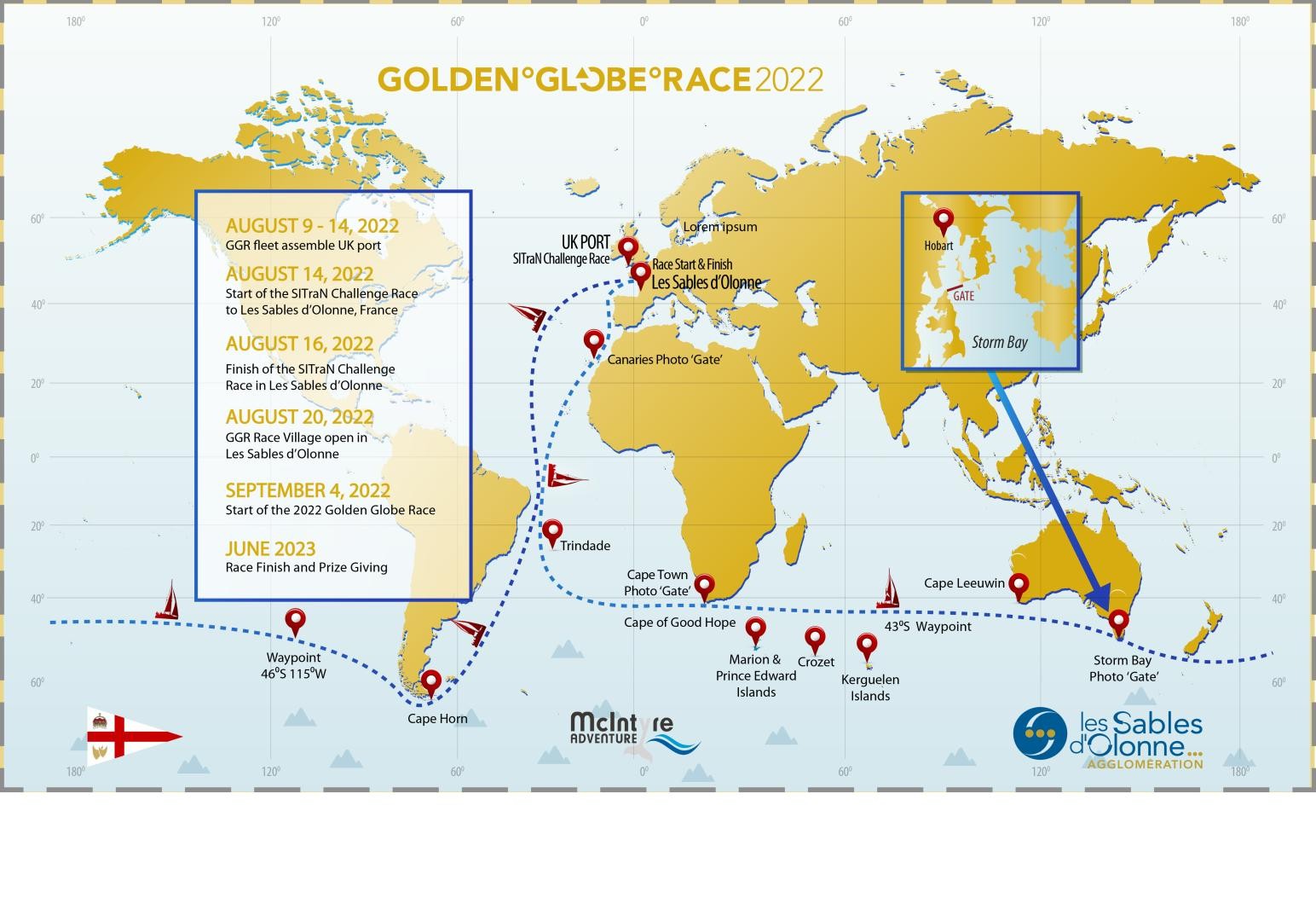 The course for the 2022 Golden Globe Race with the addition of the Island of Trindade as a turning mark, and Cape Town as a second photo gate.