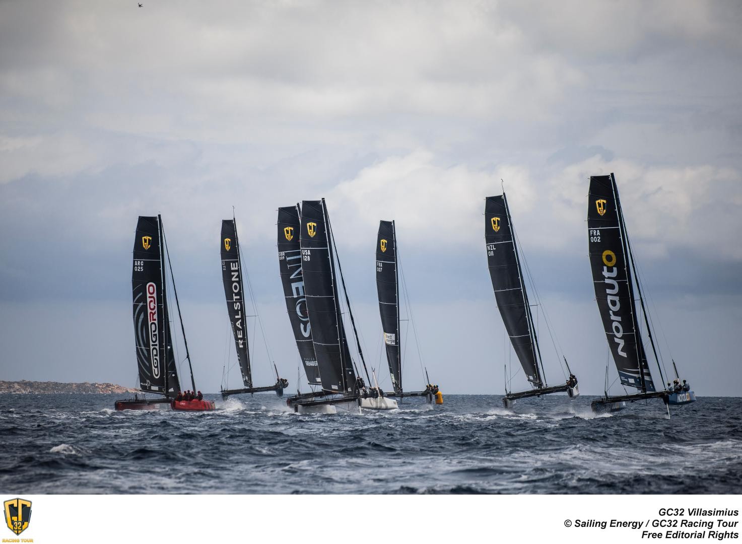 Full fleet reaching starts are the high adrenalin moments at the GC32 Racing Tour.