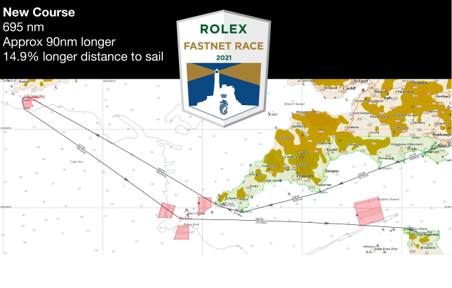 The long final leg to Cherbourg adds 90 miles to the course and is more open, but concluded with the crossing of the Alderney Race