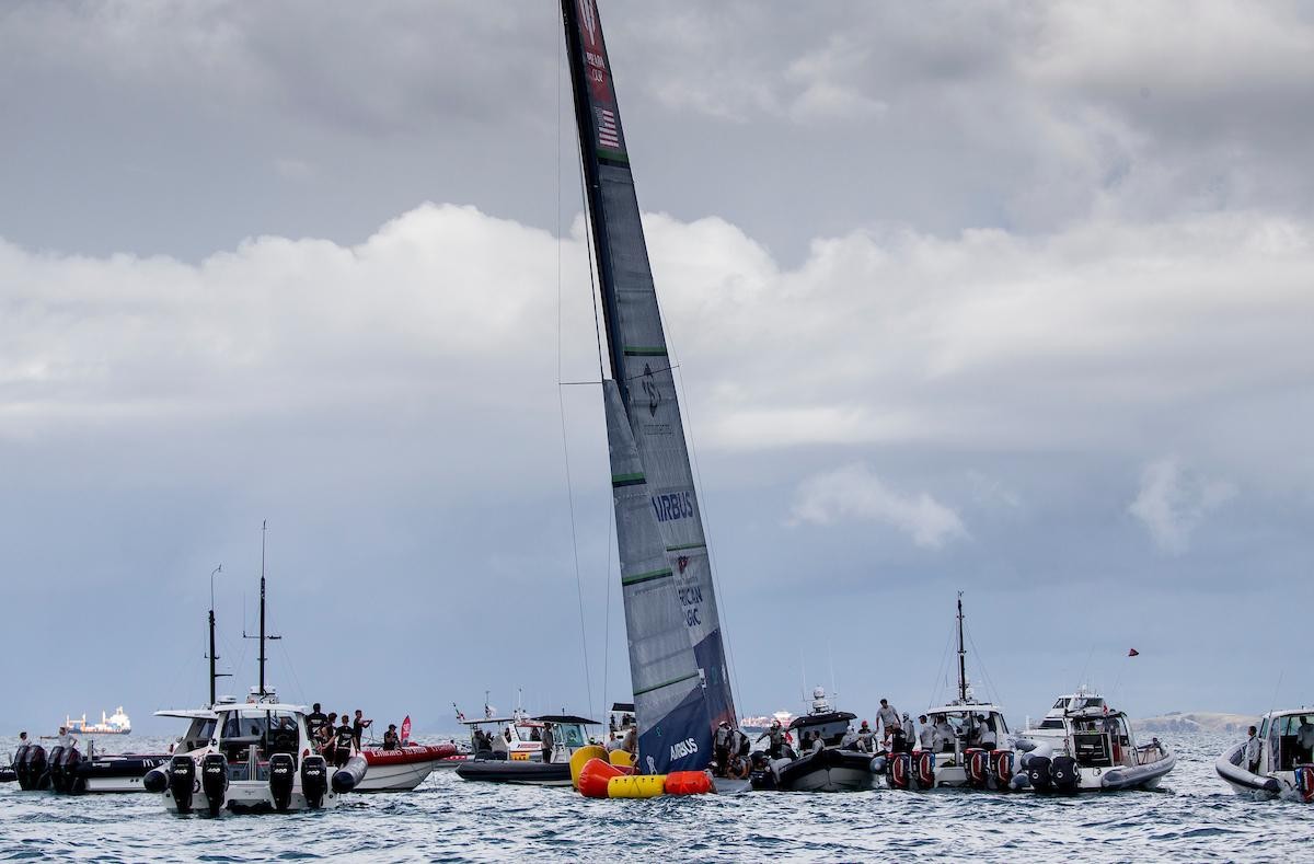 A huge collective effort by American Magic, Emirates Team New Zealand, INEOS Team UK, Luna Rossa Prada Pirelli, and numerous local authorities to save PATRIOT after her damaging crash on the final leg of her race