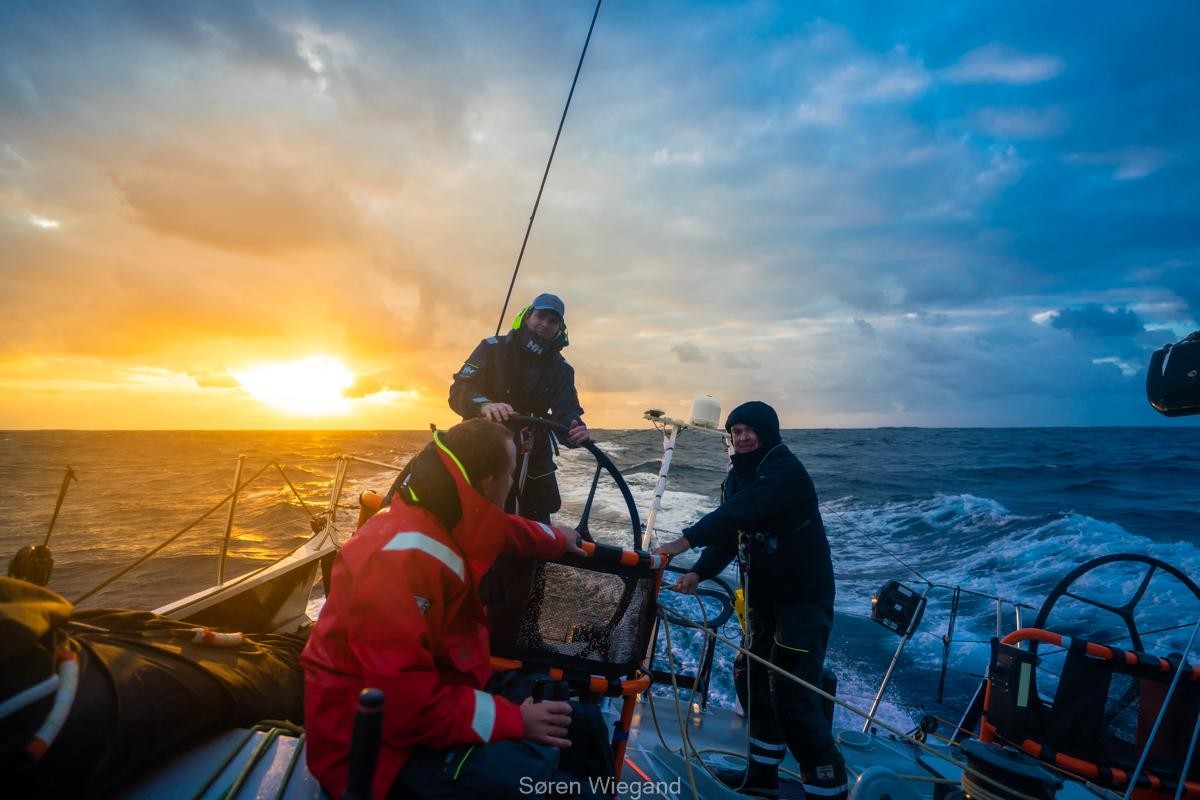 Riding on a better pressure from the northwest, Volvo 70 L4 Trifork (DEN) helmed by Joern Larsen is reeling in the 100ft Maxi Comanche on day five of the RORC Transatlantic Race © Soren Wiegand/Aksel Magdhal/L4 Trifork