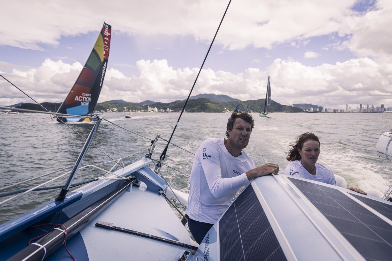 The Ocean Race 2022-23 - 23 April 2023, Leg 4 onboard Biotherm. Skipper Paul Meilhat and Marie Riou with Team Malizia and Team Holcim - PRB behind as they leave Itajaí.
© Anne Beauge / Biotherm / The Ocean Race