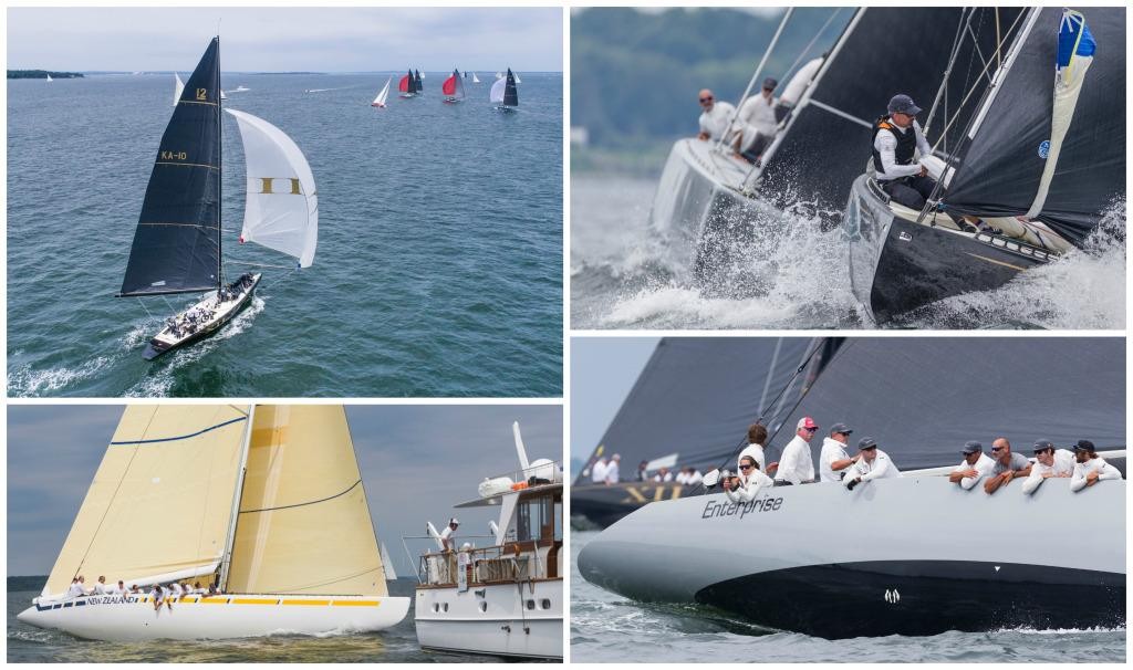 Clockwise from left: XII (KA-10) aerial; Challenge XII in action; New Zealand (KZ-3); and Enterprise (US-27) at the 12 Metre Worlds on Day Three.