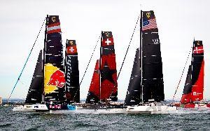 In the 12-14 knot breeze today, all races had high octane reaching starts. Photo: Sailing Energy /GC32 Racing Tour. 