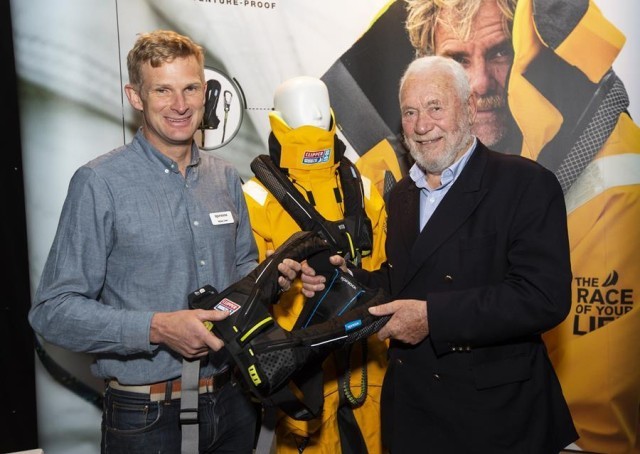 Sir Robin Knox-Johnston reviewing the VITO lifejacket with Myles Uren