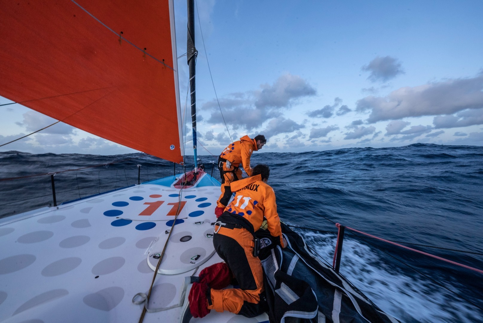 The Ocean Race 2022-23 - 01 April 2023, Leg 3, Day 34 onboard 11th Hour Racing Team. Jack Bouttell and Justine Mettraux on the bow during a sail change.
© Amory Ross / 11th Hour Racing / The Ocean Race