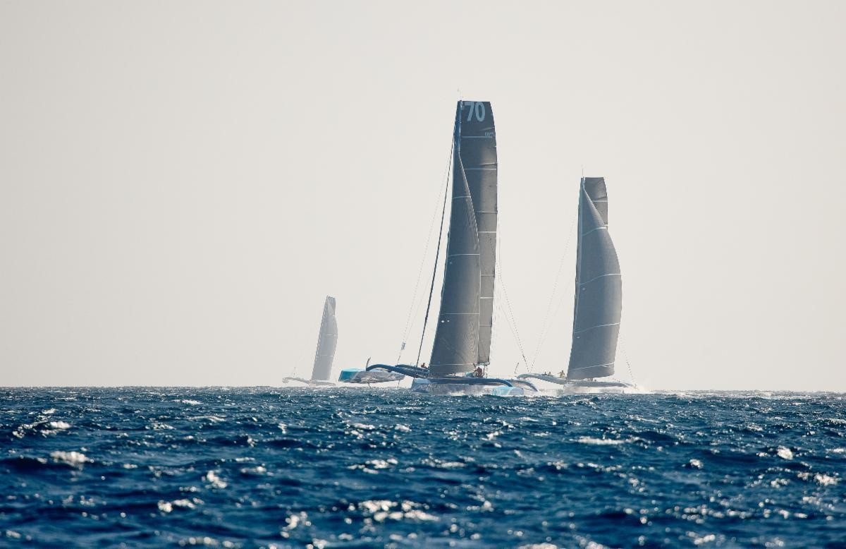 A thrilling finish is shaping up for multihull line honours between PowerPlay, Argo and Maserati © James Mitchell/RORC