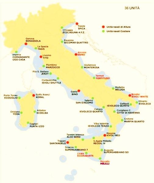 Mappa del Marine Anti Pollution Service italiano con le 36_ unità navali di Castalia
