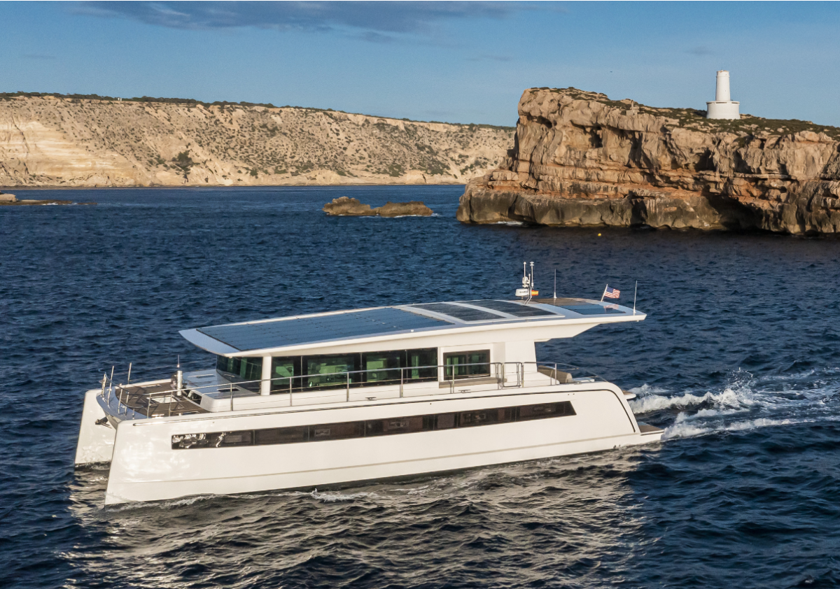 The Solar electric Silent 60 catamaran unfolds her wings