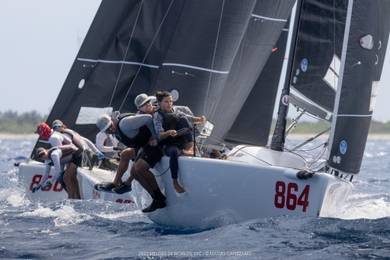 Laura Grondin's Dark Energy, with Taylor Canfield, Scott Ewing, Cole Brauer and Rich Peale took a win from the second race and posted also a second and a sixth at the Melges 24 Worlds 2022. © Matias Capizzano