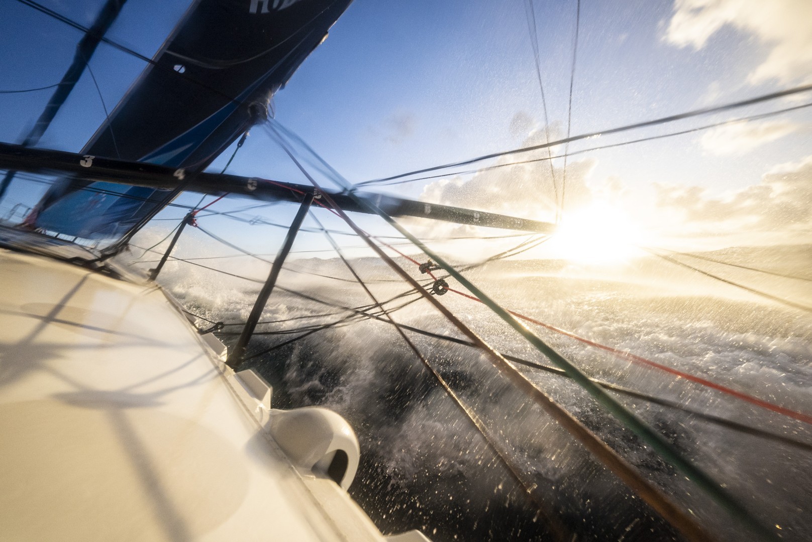 The Ocean Race 2022-23 - May 07 2023, Leg 4 Day 14 onboard 11th Hour Racing Team. Malama going upwind at sunrise in a messy sea state.
© Amory Ross / 11th Hour Racing / The Ocean Race