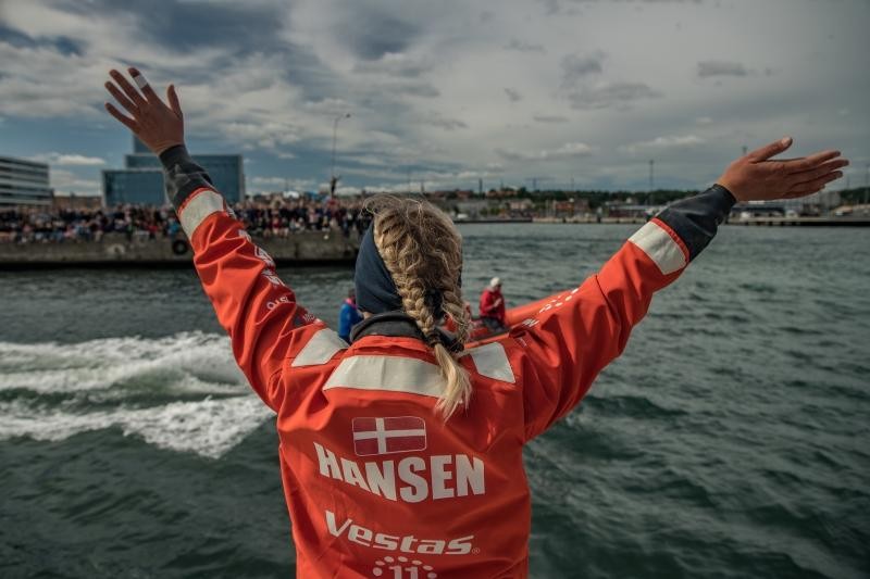 Leg 11, from Gothenburg to The Hague, day 02 on board Vestas 11th Hour. 22 June, 2018. Jena Hansen saluting her home crowd in Aarhus