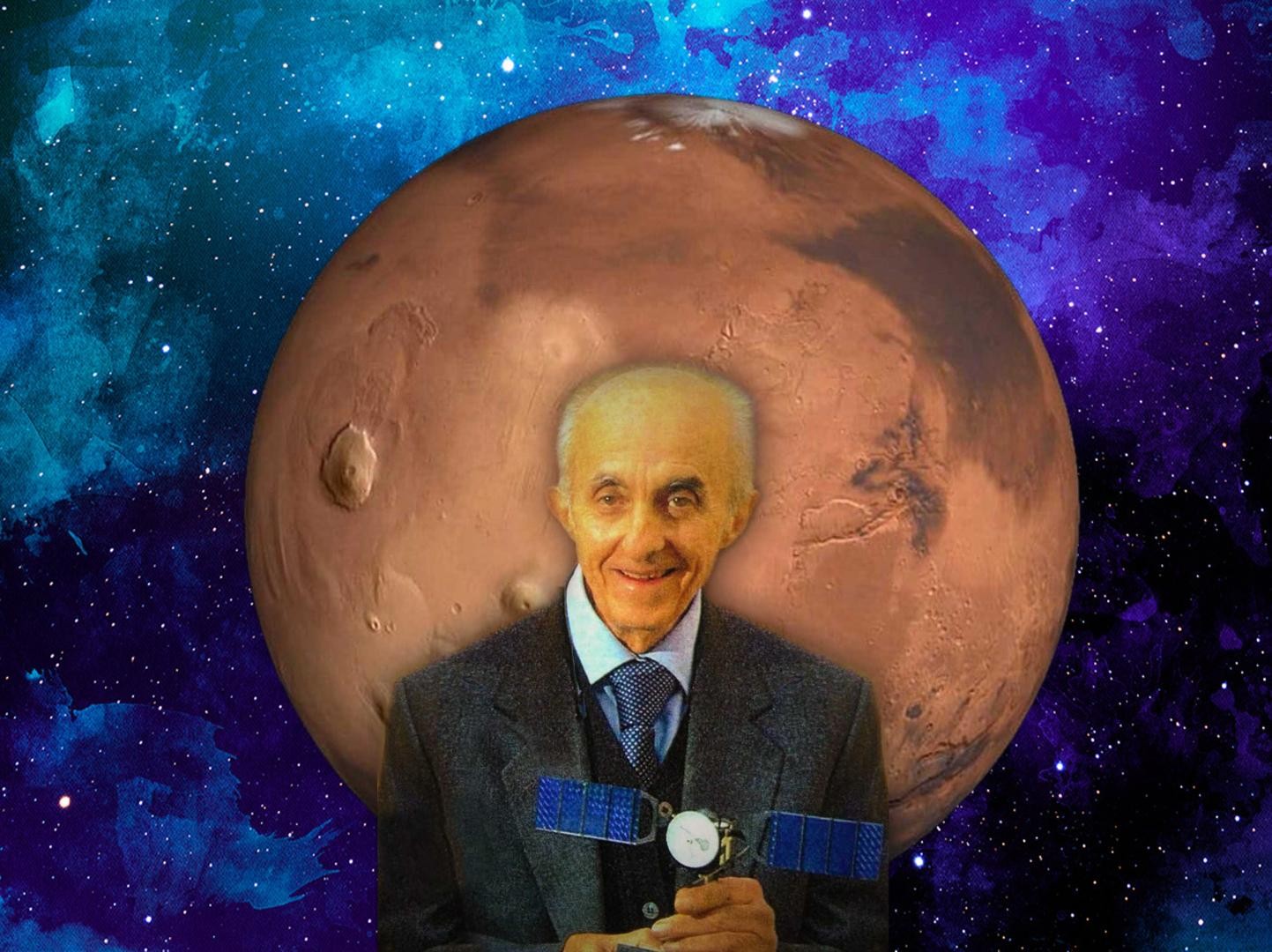 Il professore Giovanni Picardi con il radar Marsis e Marte, foto Daniele Busetto grafica Alessandro Solari