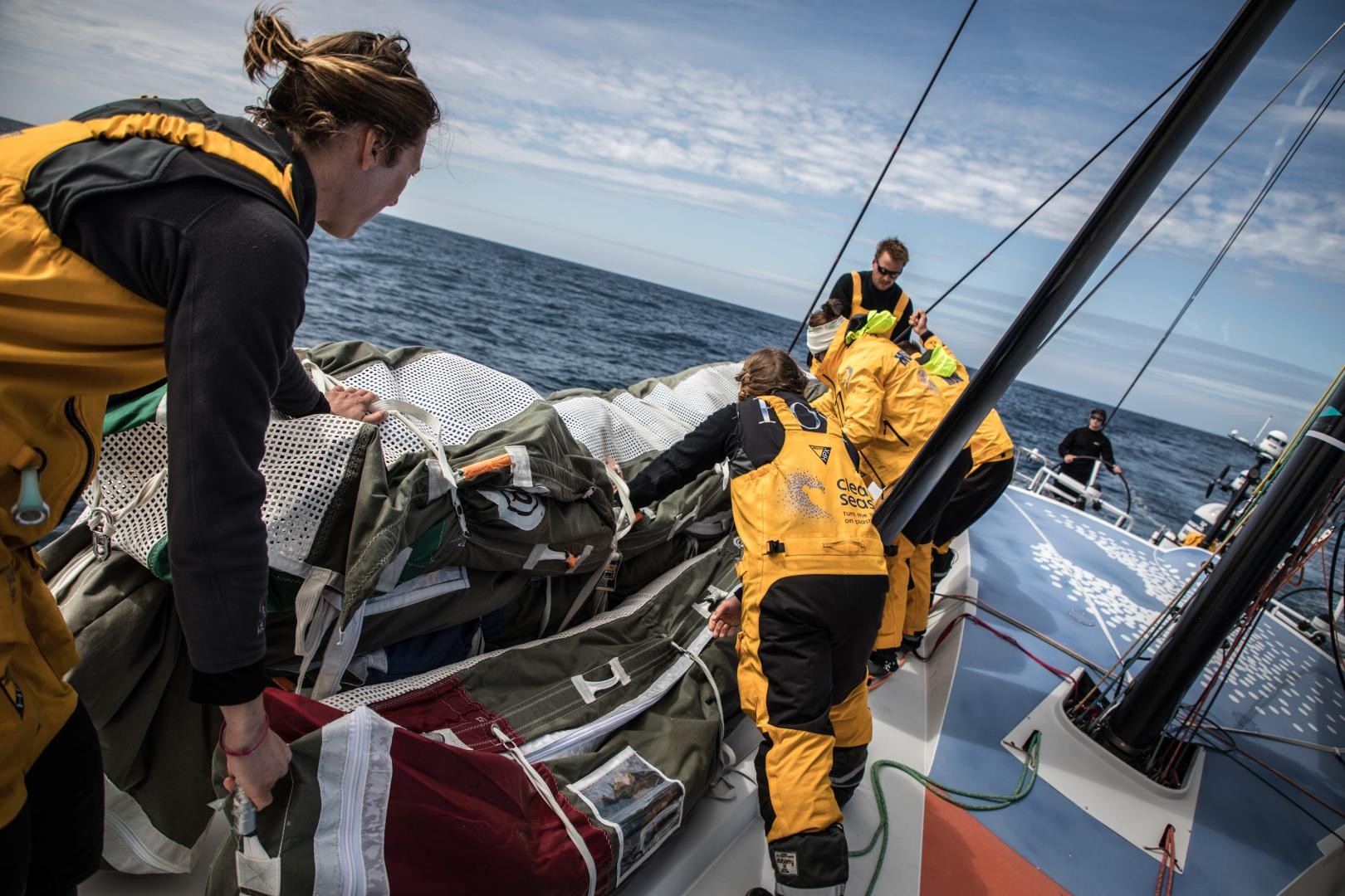 Leg 9, from Newport to Cardiff, day 07 on board Turn the Tide on Plastic. All the sails are moving to the front. 26 May, 2018.
Martin Keruzore/Volvo Ocean Race