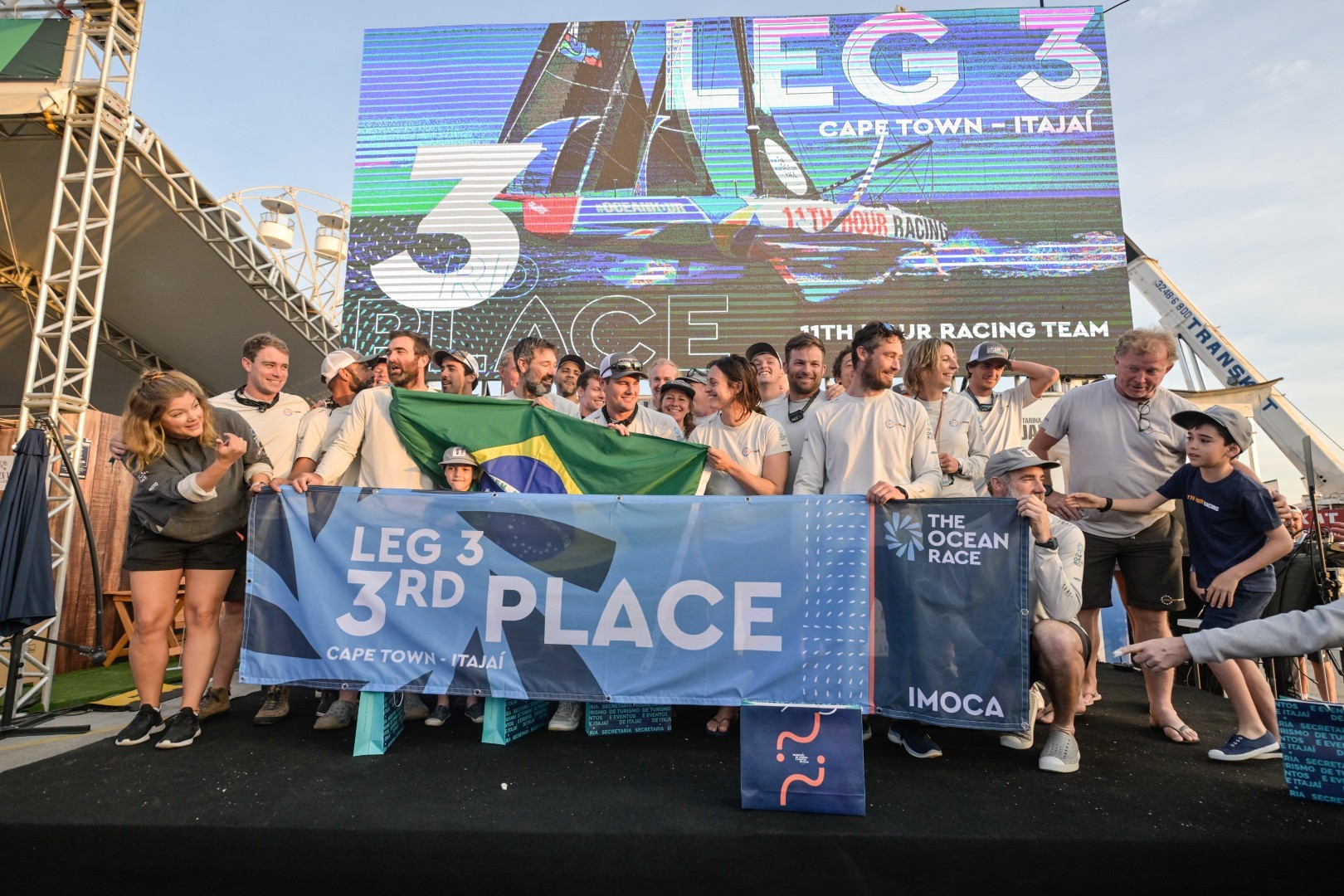 The Ocean Race 2022-23 - 5 April 2023. 11th Hour Racing Team finish Leg 3 at 08:20:23 UTC, 37 days, 20 hours, 10 minutes, 23 seconds, 14,840 nautical miles. 11th Hour Racing Team celebrating the 3rd place in Leg 3.
© Sailing Energy / The Ocean Race