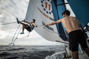 Leg 8 from Itajai to Newport, day 07 on board Vestas 11th Hour. nick Dana preparing the sheet on the MH0 for the next gybe with Tom Johnson. .28 April, 2018. Martin Keruzore/Volvo Ocean Race