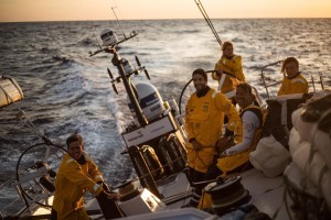 Leg 9, from Newport to Cardiff, day 02 on board Turn the Tide on Plastic. An happy team in the Atlantic